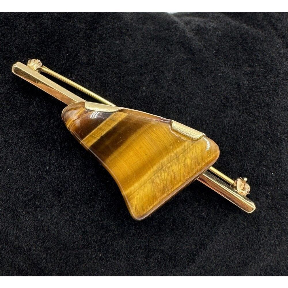 Vintage 14k Yellow Gold Polished Stone Tigers Eye Brooch Pin‎ Estate Jewelry